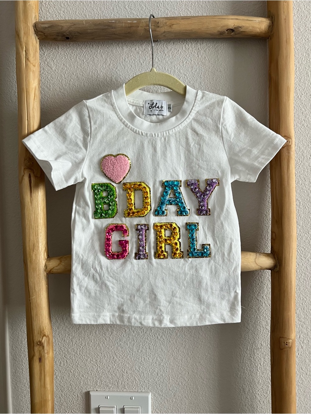 Lola + The Boys White Sequin 'BDAY GIRL' Tee with Pink Heart